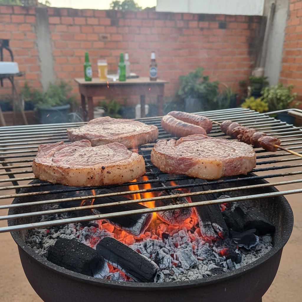 imagem de uma churrasqueira na brasa com carnes suculentas. algo mais simples que reflita a um churrasco simples e não com grande volume de carnes.